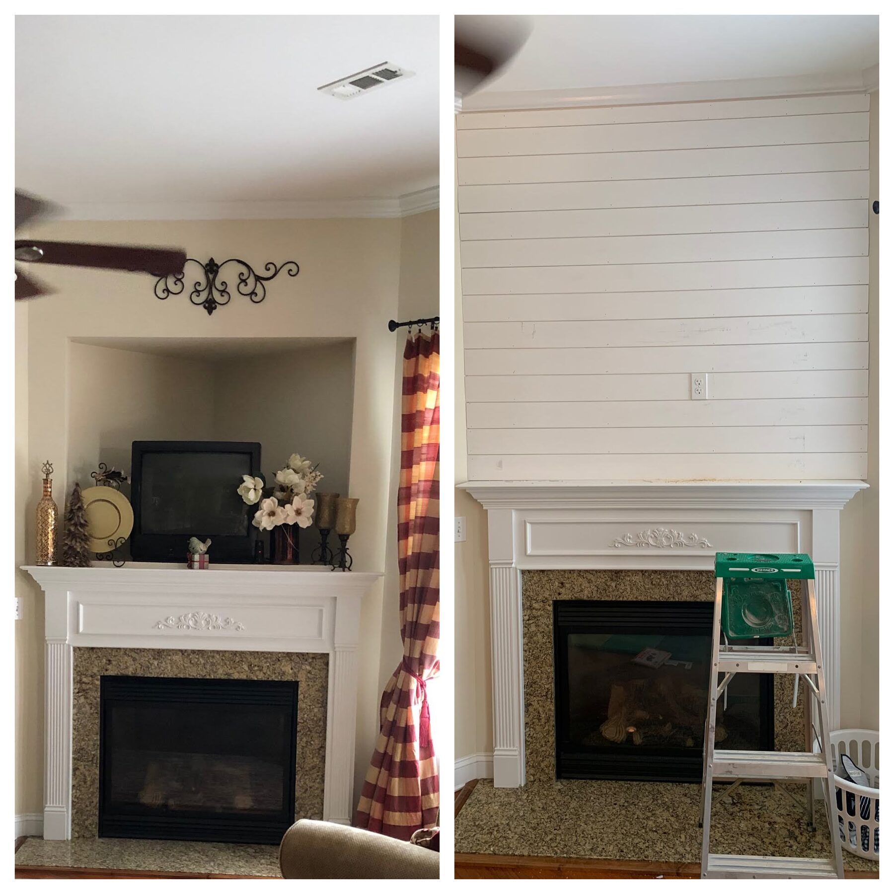 Before and after of a fireplace: original recessed alcove rebuilt with a painted shiplap chimney breast above the mantel